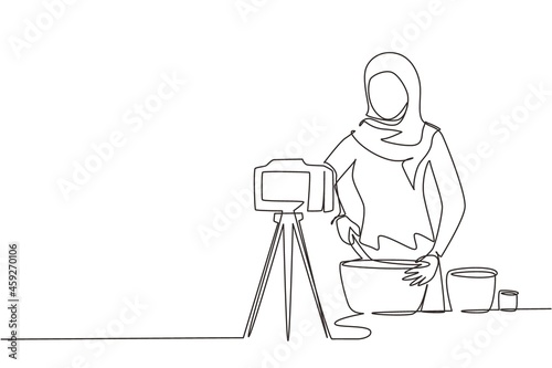 Continuous one line drawing Arabian woman preparing dessert at kitchen, stirring dough with spatula. Cooking live streaming. Blogger prepares meal online. Single line draw design vector illustration