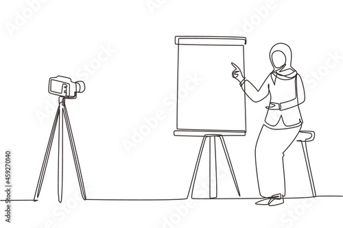 Single continuous line drawing Arabian woman giving presentation to camera doing webinar. Blogging, online training and conferences concept. Camera on tripod. One line draw design vector illustration