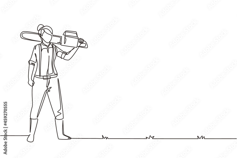 Continuous one line drawing woman woodcutter holding chainsaw on her ...