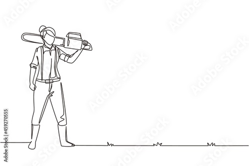 Continuous one line drawing woman woodcutter holding chainsaw on her back. Wearing suspender shirt, jeans and boots. Female lumberjack pose on logging forest. Single line draw design vector graphic