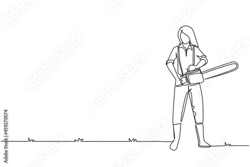 Single continuous line drawing woman lumberjack with workwear and chainsaw. Wearing shirt, jeans, boots. Female woodcutter pose on the logging forest. One line draw graphic design vector illustration