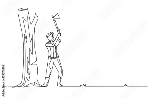 Single one line drawing female lumberjack with an ax chopping wood. Woodcutter chopping tree with axe. Wearing shirt, jeans, boots. Woman with ax in her hands cut tree. Continuous line design vector