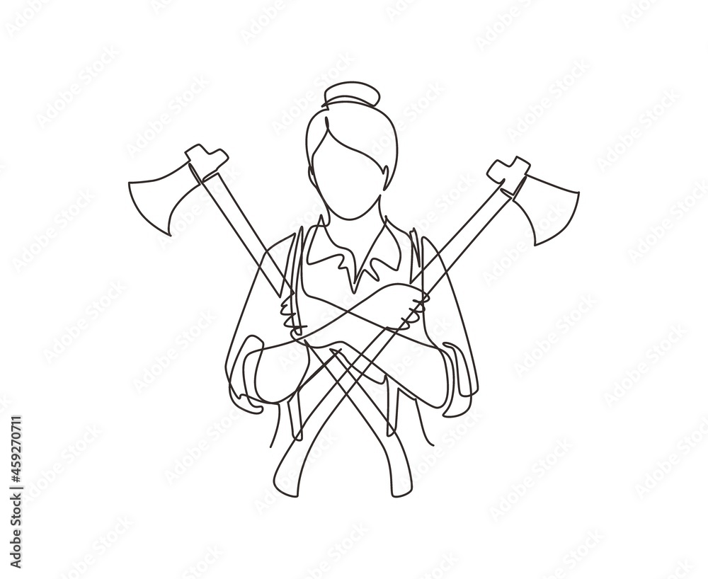 Single one line drawing woman lumberjack holding two axes crossed. Crossed axes, crossed firefighter axe, firewoman axe, Hatchet for carpentry tools. Continuous line draw design vector illustration