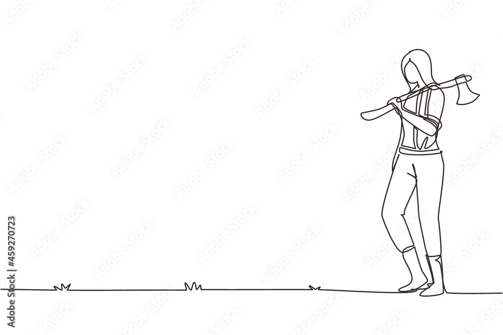 Single continuous line drawing cute woman lumberjack standing hold axe. Wearing shirt, jeans, boots. Holding on her shoulder a ax. Female woodcutter pose on logging forest. One line draw design vector