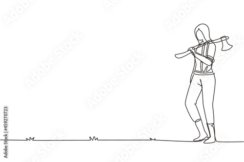 Single continuous line drawing cute woman lumberjack standing hold axe. Wearing shirt, jeans, boots. Holding on her shoulder a ax. Female woodcutter pose on logging forest. One line draw design vector