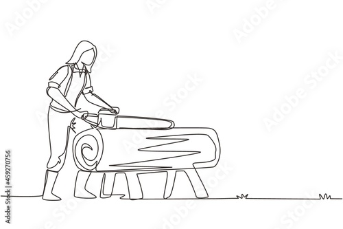 Single continuous line drawing sawmill concept. Professional woman lumberjack cutting tree by chainsaw for further processing. Global deforestation. One line draw design graphic vector illustration