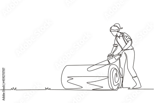Single continuous line drawing wood industry worker with chainsaw working. Woman logger sawing log in forest. Girl lumberjack cut timberwood, woodcutter occupation. One line design vector illustration