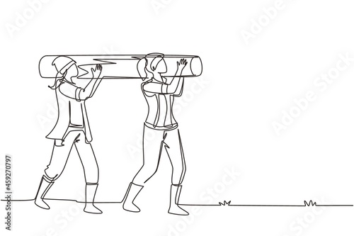 Single one line drawing couple of woman lumberjack laborers carrying heavy wooden log on shoulders. Female woodcutters working in wood logging industry. Continuous line draw design vector illustration