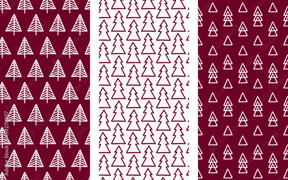 Hand drawn Christmas tree seamless pattern set. Winter background for decoration, scrapbooking, printing on textiles, wallpaper, covers, wrapper paper, banners, poster, party stuff. Cute xmas backdrop