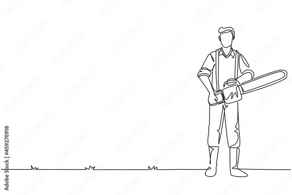 Single continuous line drawing lumberjack with workwear and chainsaw. Wearing shirt, jeans and boots. Lumberjack pose on the logging forest. Dynamic one line draw graphic design vector illustration