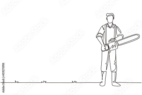 Single continuous line drawing lumberjack with workwear and chainsaw. Wearing shirt, jeans and boots. Lumberjack pose on the logging forest. Dynamic one line draw graphic design vector illustration