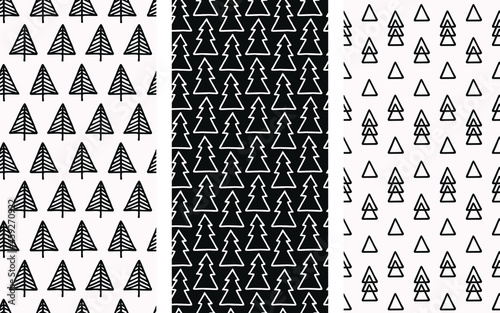 Hand drawn Christmas tree seamless pattern set. Winter background for decoration, scrapbooking, printing on textiles, wallpaper, covers, wrapper paper, banners, poster, party stuff. Cute xmas backdrop