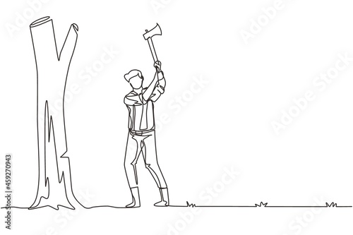 Single continuous line drawing lumberjack with an ax chopping wood. Woodcutter chopping tree with axe. Wearing shirt, jeans and boots. Man with ax in his hands cuts tree. One line draw design vector