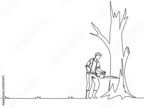 Continuous one line drawing logger sawing log and tree in forest. Wood industry worker with saw in hands. Lumberjack cut timberwood, woodcutter occupation. Single line draw design vector illustration
