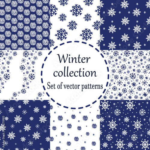 Collection of xmas seamless patterns. Cute set of backgrounds with snowflakes. Snowfall backdrop. Winter and Christmas hand drawn decorative elements for scrapbooking, wrapping paper or fabric.