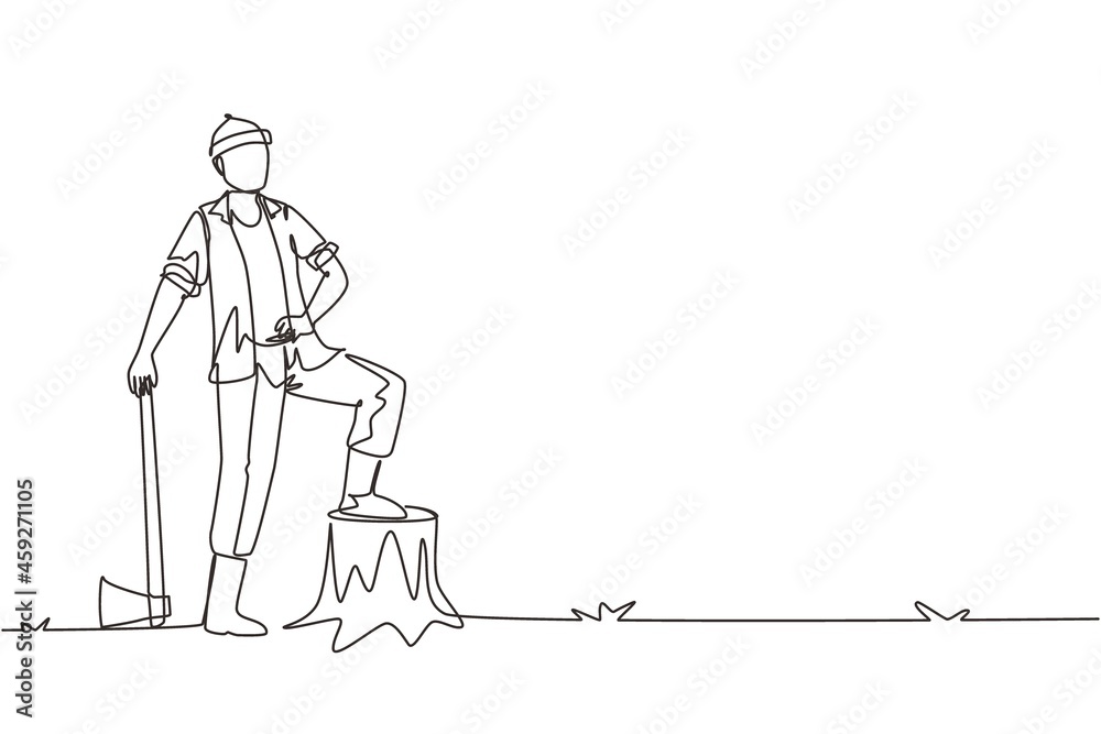 Single continuous line drawing lumberjack wearing plaid shirt, jeans, boots  and beanie hat. Standing with ax and posing with one foot on a tree stump. One line draw graphic design vector illustration