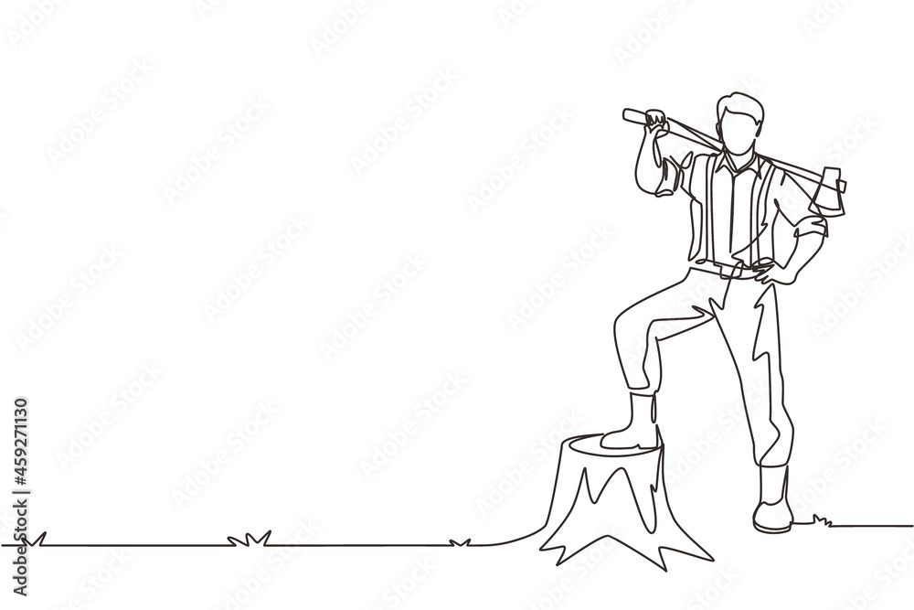 Single one line drawing smiling lumberjack wearing shirt, jeans and boots. Holding on his shoulder a ax posing with one foot on a tree stump. Continuous line draw design graphic vector illustration