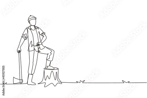 Single continuous line drawing lumberjack wearing plaid shirt, jeans, boots  and beanie hat. Standing with ax and posing with one foot on a tree stump. One line draw graphic design vector illustration