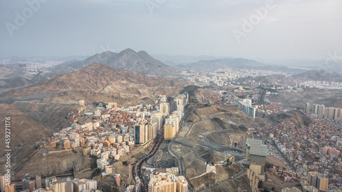 Makkah city from the top of Makkah clock tower. A modern city located between mountains