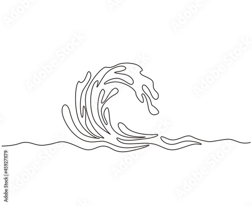 Continuous one line drawing water splashes wave twirl isolated surge blue sparks breaker. Wave curly shapes icon symbol on white background. Single line draw design vector graphic illustration