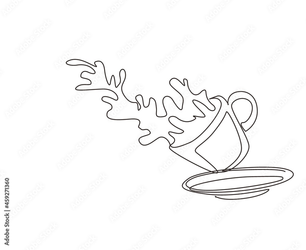 Fototapeta premium Single continuous line drawing coffee splashing out of cup. Cup of tea with tea and splashes. Splash of tea in the falling cup. Splash coffee in white cup. Dynamic one line draw graphic design vector