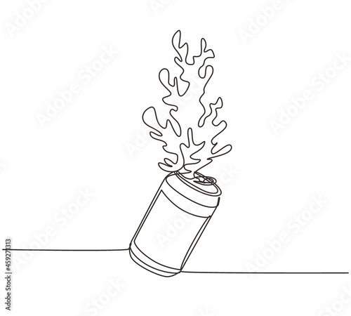 Continuous one line drawing cola splashing out of a aluminum can. Soda water splashing out of canned, fresh liquid or soda splash with fresh water drop. Single line draw design vector illustration
