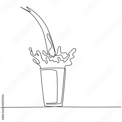 Single continuous line drawing milk pouring into glass creating splashes. Splashing milk in a glass. Milk splash in a glass. Dairy poured into glass. One line draw design graphic vector illustration