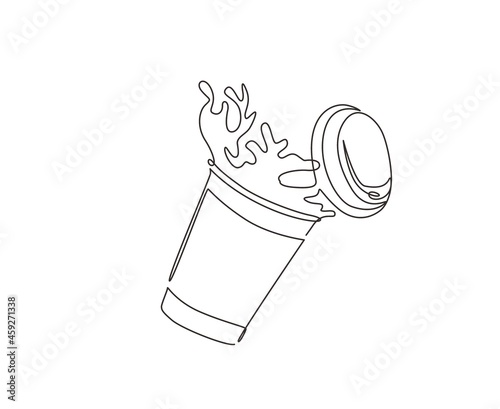 Single one line drawing falling disposable paper cup with coffee splash. Splash of coffee in paper cup. Hot coffee paper cup of spilling coffee creating splash. Continuous line draw design vector