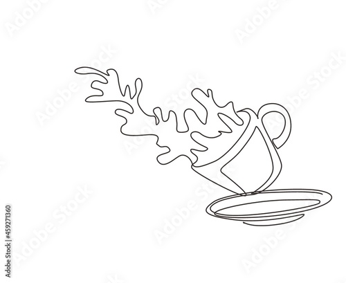 Single continuous line drawing coffee splashing out of cup. Cup of tea with tea and splashes. Splash of tea in the falling cup. Splash coffee in white cup. Dynamic one line draw graphic design vector