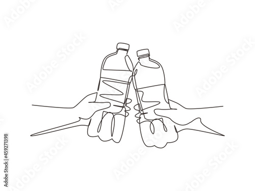 Continuous one line drawing Cheers. Healthy couple cheering with fresh water bottle after successful workout training at outdoor park in evening summer. Single line draw design vector illustration