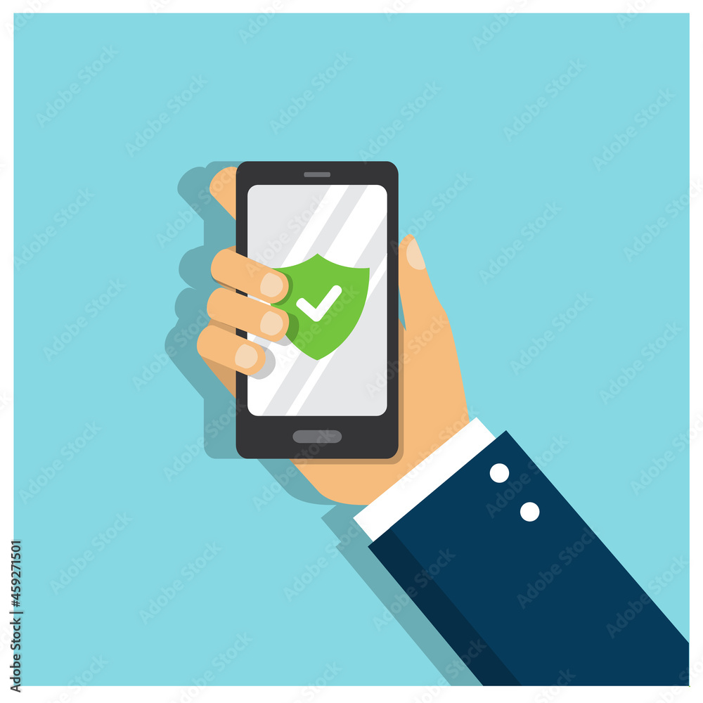 A man's hand holds a phone protected by a strong password and a green sign with a check mark on the screen A man's hand holds a phone protected by a strong password and a green sign with a check mark on the screen