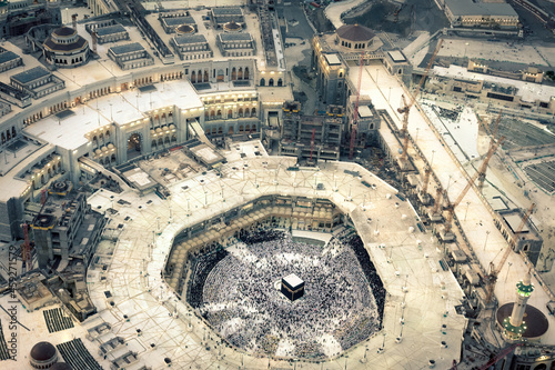 The holy mosque in Makkah city view from the top of Makkah clock tower during sunset. Hajj and event in Makkah