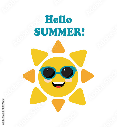 bright cute sun in sunglasses on a blue background 