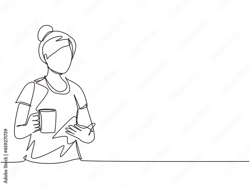 Single continuous line drawing beautiful woman relaxing drinking and showing at mug of hot coffee or tea. Cute girl feeling enjoy having breakfast in holiday. One line draw design vector illustration