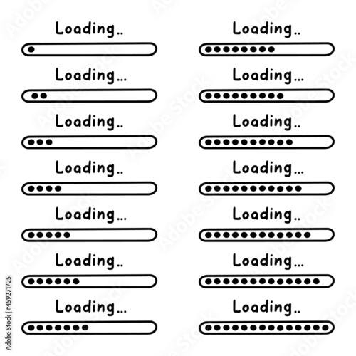 Loading bar, status and progress for animation. Doodle elements. Sketch, hand drawn style. Vector illustration.