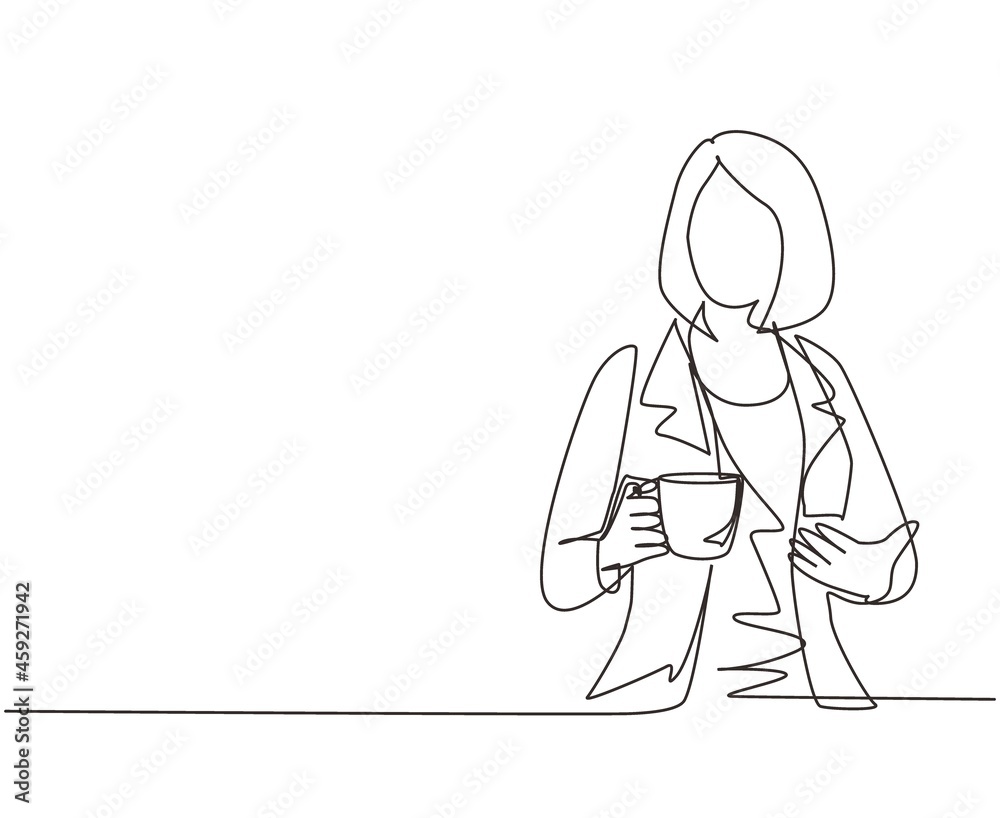 Single one line drawing business woman holding and showing coffee cup sitting in the coffee shop. Business dress code. Enjoy relax time after office. Continuous line draw design vector illustration Single one line drawing business woman holding and showing coffee cup sitting in the coffee shop. Business dress code. Enjoy relax time after office. Continuous line draw design vector illustration