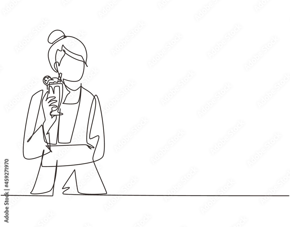 Single continuous line drawing young woman holding glass of milkshake in office. Attractive lady having break at work and drink milkshake with slice of orange. One line draw design vector illustration