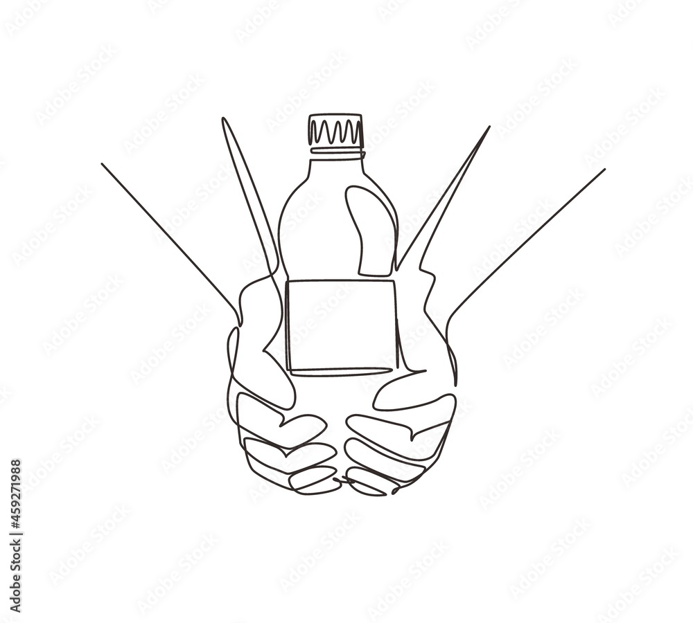 Single continuous line drawing hands holding plastic bottle of pure drinking water refreshing and splash on hot background with hungry and thirsty concept for good health. One line draw design vector Single continuous line drawing hands holding plastic bottle of pure drinking water refreshing and splash on hot background with hungry and thirsty concept for good health. One line draw design vector