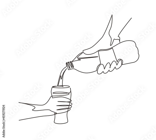 Continuous one line drawing human is picking up glass of water from plastic bottle. Cool mineral natural drink. Glass and bottle holding in hand. Single line draw design vector graphic illustration