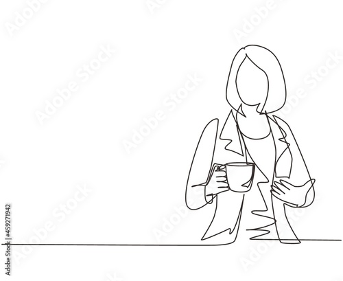 Single one line drawing business woman holding and showing coffee cup sitting in the coffee shop. Business dress code. Enjoy relax time after office. Continuous line draw design vector illustration