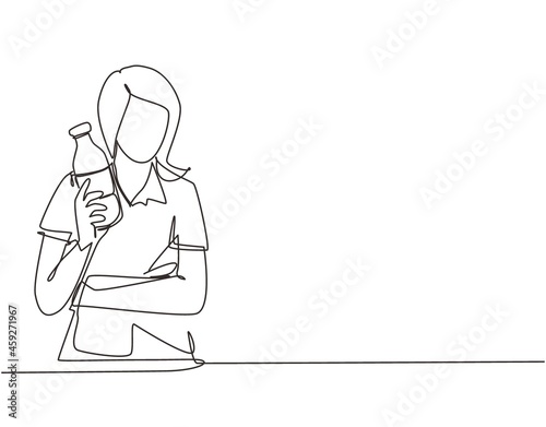 Single one line drawing cheerful woman holds bottle of fresh almond milk shows healthy vegetarian product smiles happily. Food nutrition. Modern continuous line draw design graphic vector illustration