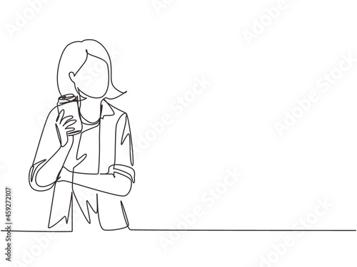 Single one line drawing woman hand showing soda refreshment a can sitting on couch in living room at home. Girl holding energy drink. Modern continuous line draw design graphic vector illustration