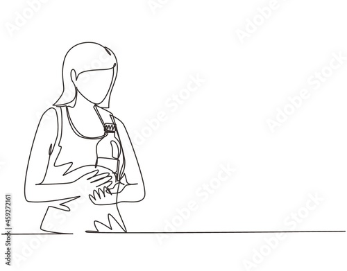 Continuous one line drawing pretty girl holding disposable bottle or reusable. zero waste on beach of tropical island. Relaxing and enjoying life on air. Single line draw design vector illustration