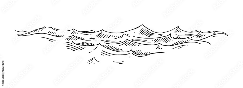 Sea waves. Vintage vector engrave black illustration. Isolated on white - obrazy, fototapety, plakaty 