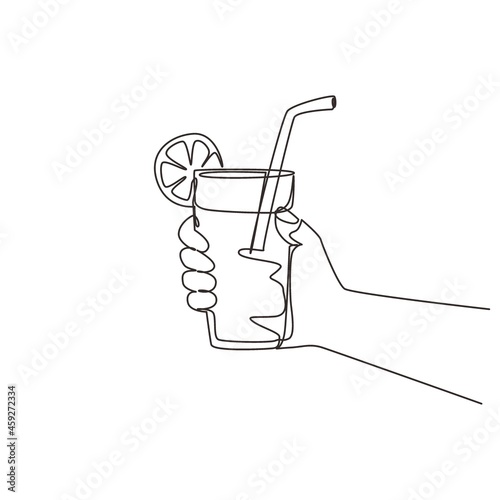 Single continuous line drawing lemonade served with ice cubes, hand holding refreshing beverage glass. Drink made of fresh lemon juice. Juicy water with straw. One line draw graphic design vector