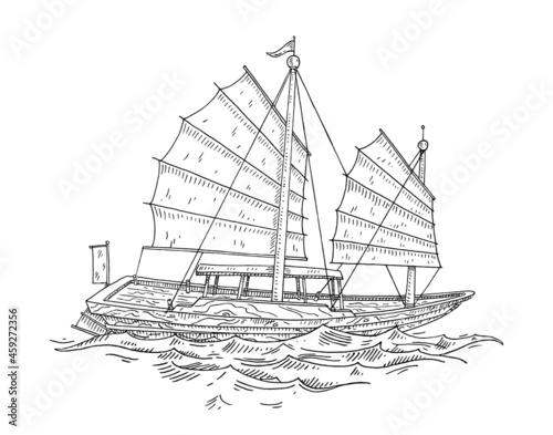 Junk floating on the sea waves. Vintage vector engrave monochrome black illustration