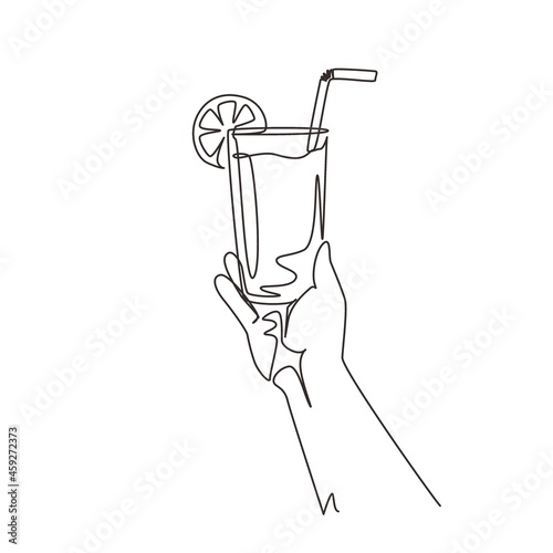 Single continuous line drawing hand holding glass with lemon fruit juice. Sweet beverage. Tasty and yummy food. Juicy water with straw, delicious treatment organic product. One line draw design vector