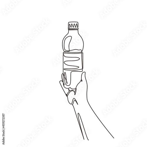Single continuous line drawing man squeezes in his hand an empty plastic bottle on white background. Plastic problem and failure or disposal and recycling. One line draw design vector illustration