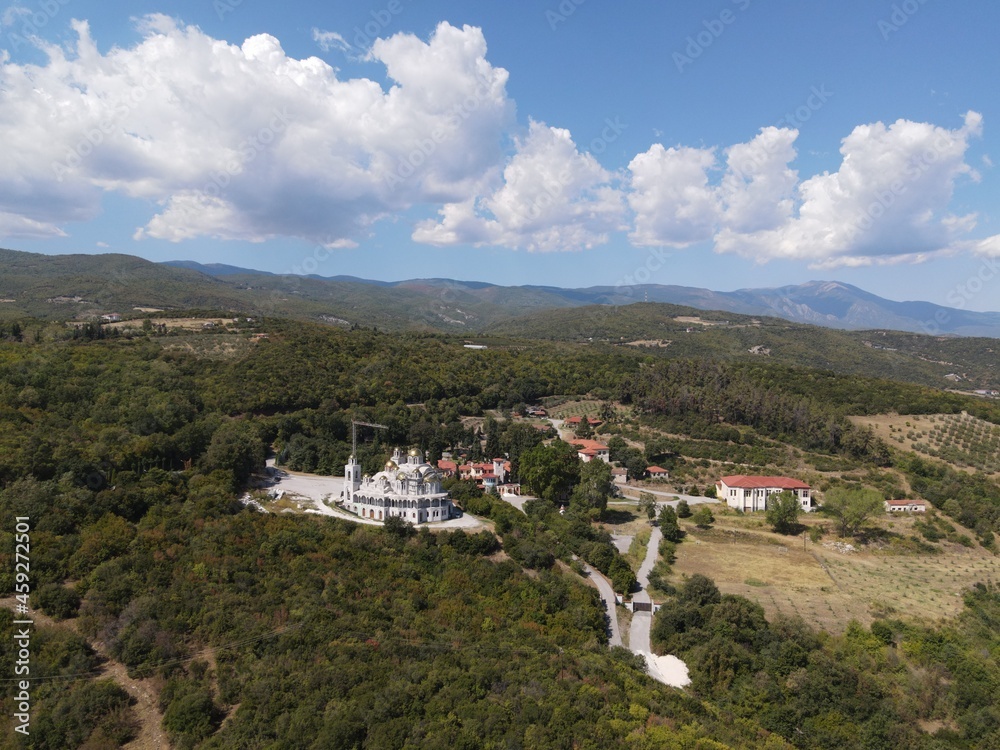 Aerial View Holy Monastery Of Panagia Dovra, And Under Construction Church Of St. Luke With The Golden Domes In Veria, Imathia, Greece, Macedonia