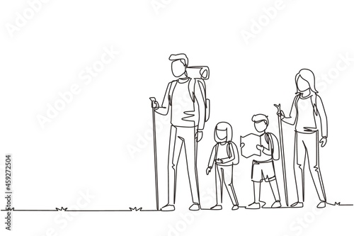 Single continuous line drawing family goes camping. Young parents and their children, boy and girl hiking, with backpacks, maps, mats, compass. Family, leisure concept. One line draw design vector
